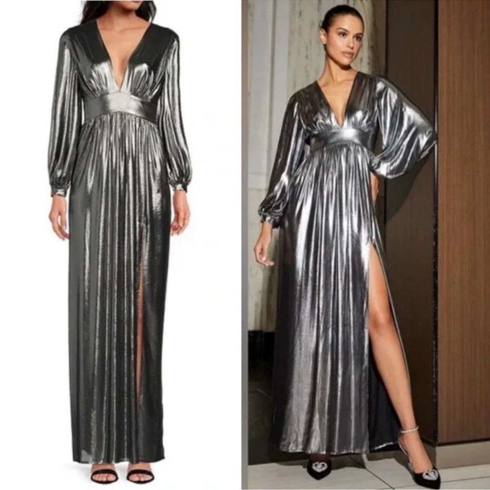 NWT Gianni Bini Zella Metallic Lame Plunging V-Neck Front Slit Maxi Dress Sz 2